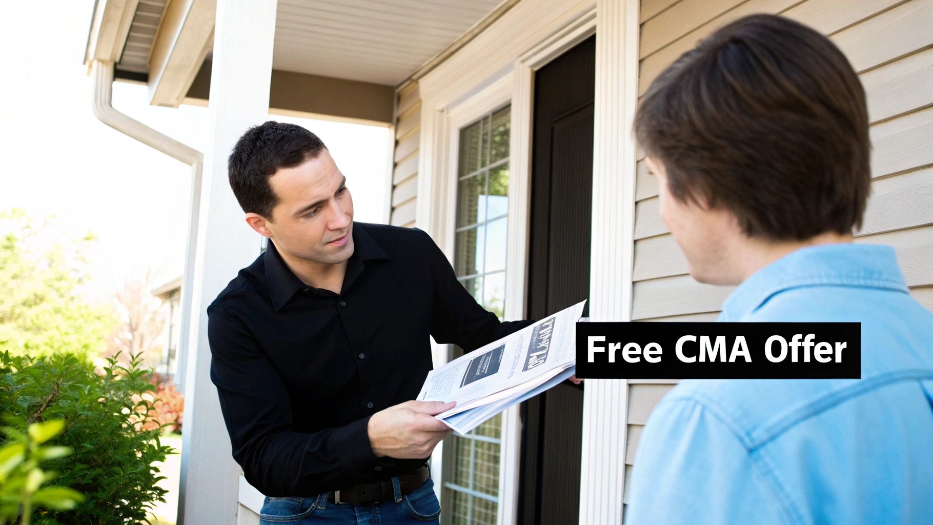 A real estate agent presenting a market analysis report to a couple in their home.