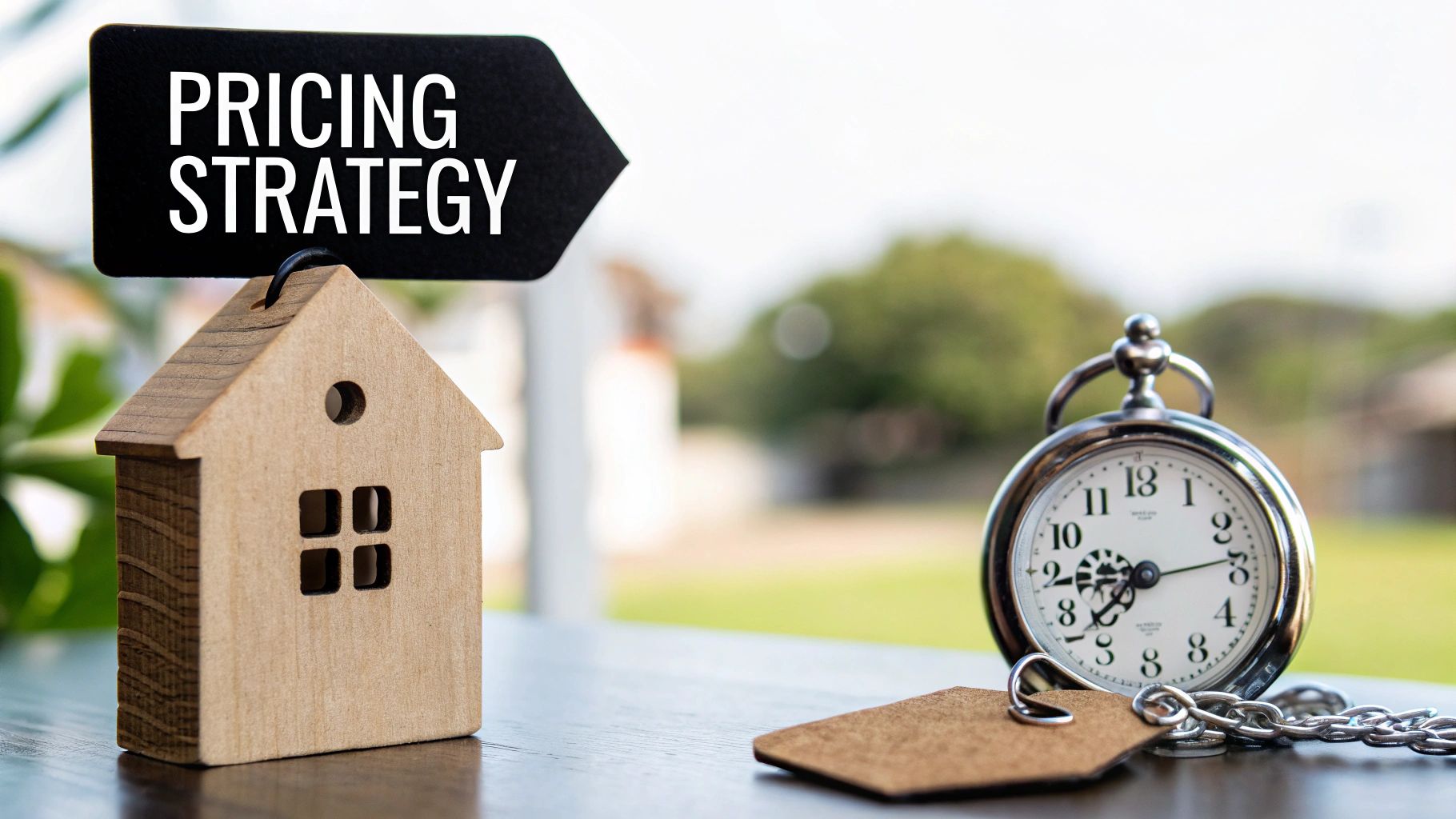 A wooden house model with a 'PRICING STRATEGY' sign and a pocket watch, representing real estate market timing.