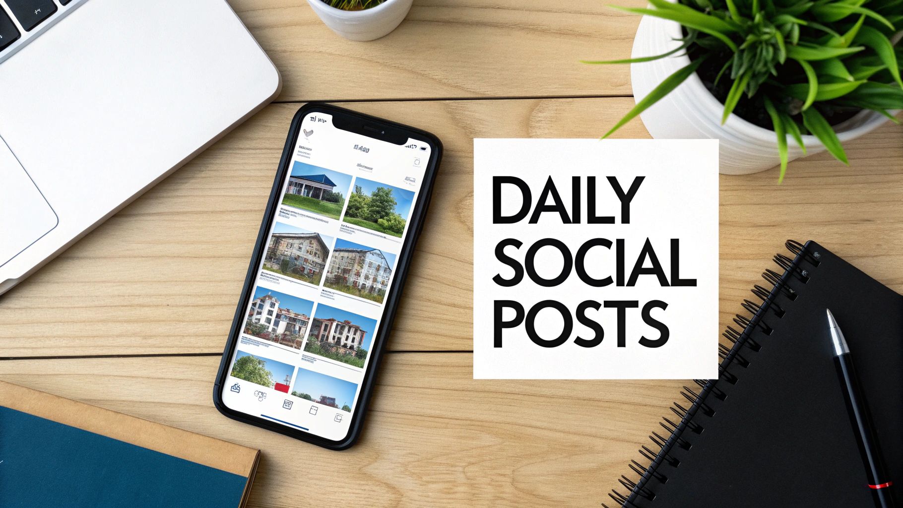 Smartphone displaying real estate property listings beside daily social posts sign on wooden desk