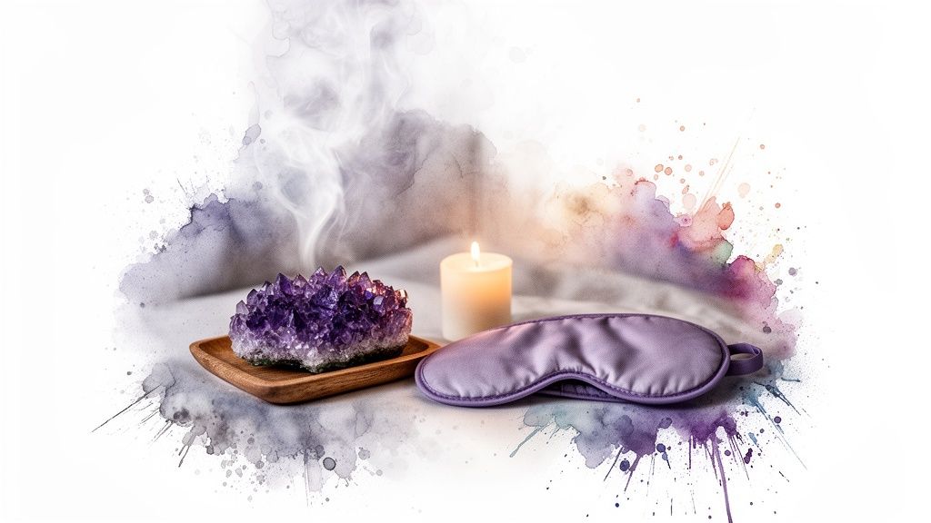 Amethyst crystal, lit candle, and lavender sleep mask arranged for spiritual relaxation and peace.