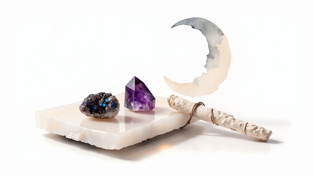 A serene arrangement of amethyst, labradorite crystals, a scroll, and a watercolor crescent moon.