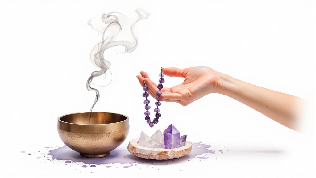 Woman holding a smudge stick over crystal jewelry to cleanse it.
