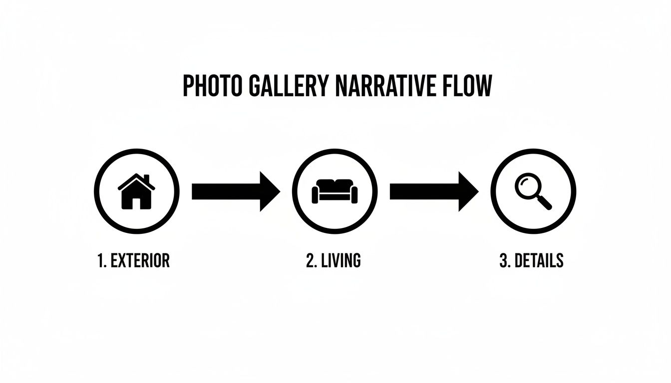 Flowchart showing a photo gallery narrative progression: 1. Exterior (house icon), 2. Living (sofa icon), 3. Details (magnifying glass icon).