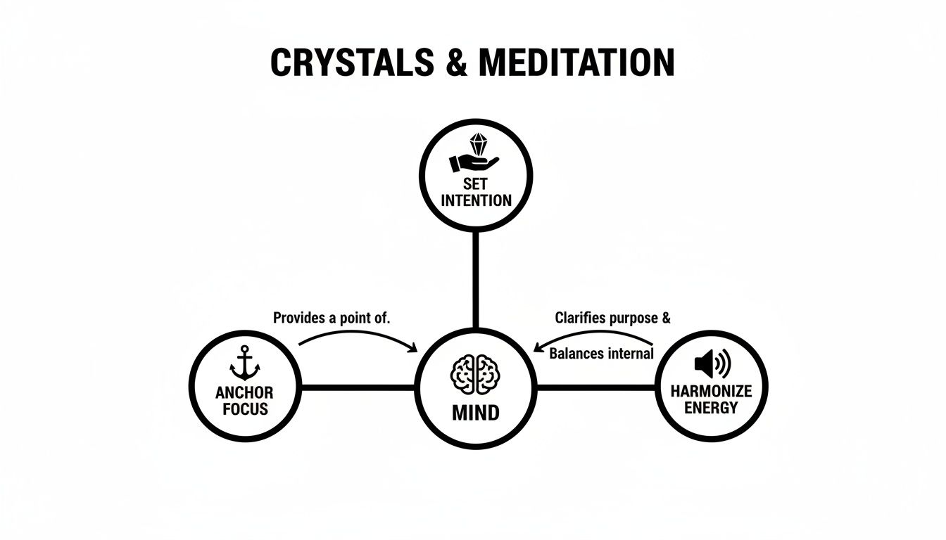 A diagram illustrates how crystals and meditation work with the mind to set intention, anchor focus, and harmonize energy.