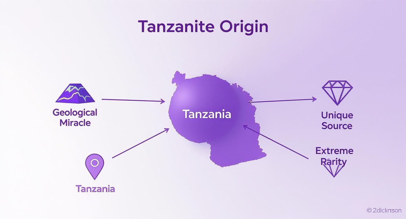 Infographic showing Tanzania as the unique geological source of Tanzanite, highlighting its extreme rarity.
