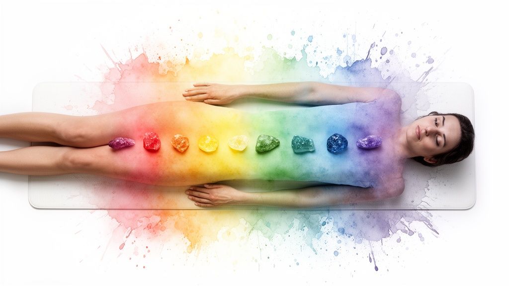 A person lies on their back with rainbow colors and chakra crystals along their body.