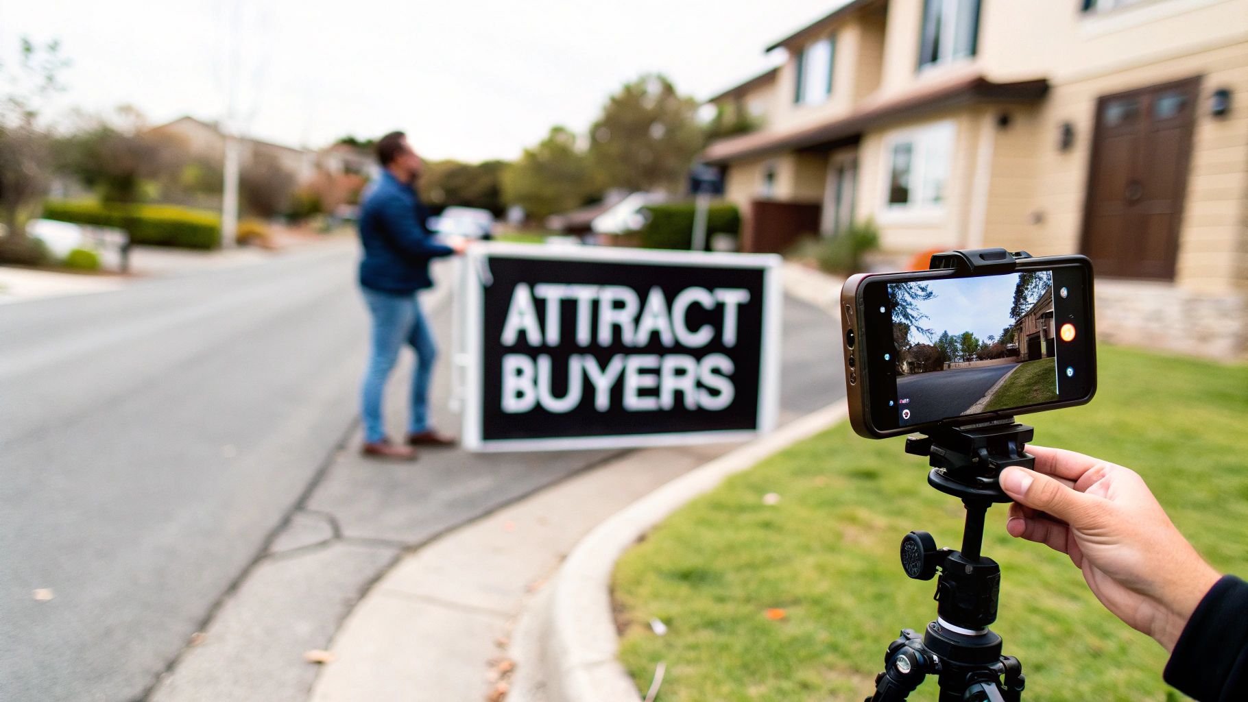 Smartphone on tripod recording a person holding an 'ATTRACT BUYERS' sign for real estate.