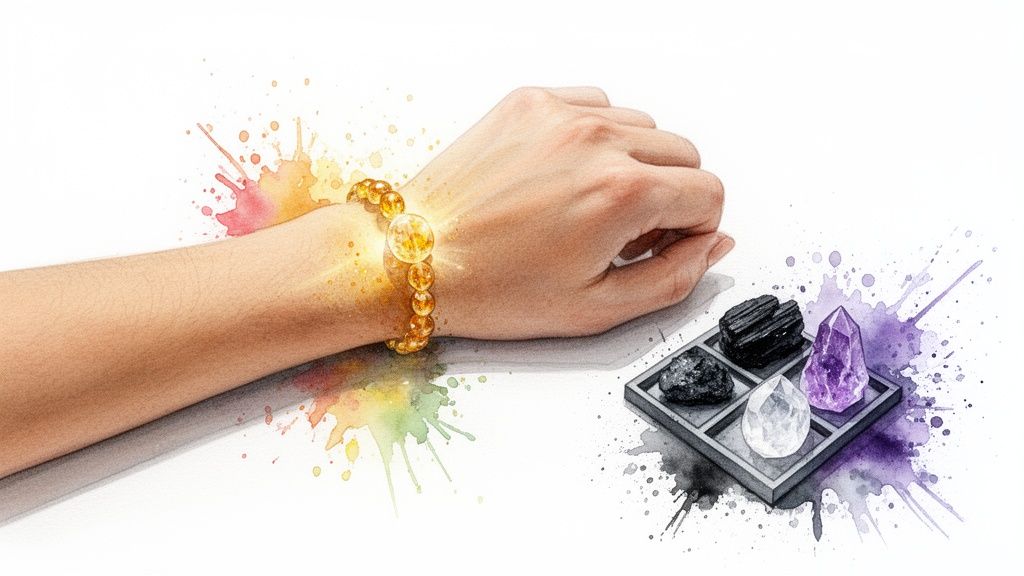 A hand wears a glowing amber bracelet, next to a tray of various crystals like amethyst and quartz.