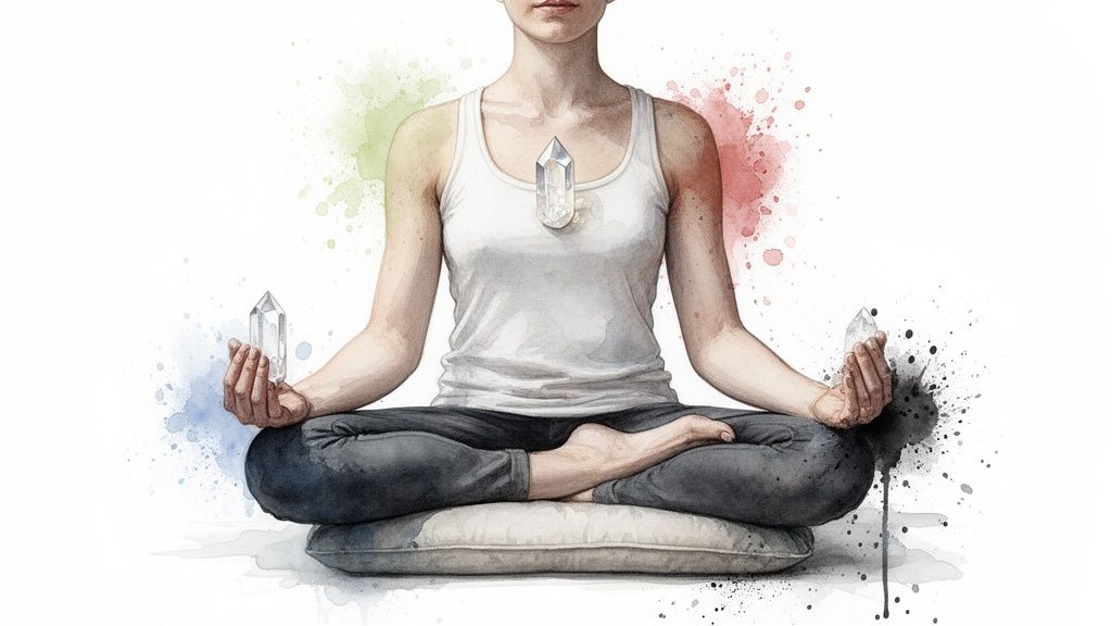 Person meditating in lotus pose with clear quartz crystals in hands and on chest, surrounded by colorful splatters.
