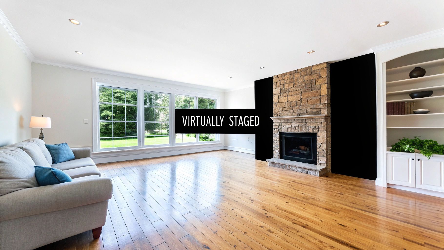 A spacious, virtually staged living room with a cozy sofa, large windows, a stone fireplace, and built-in shelves.