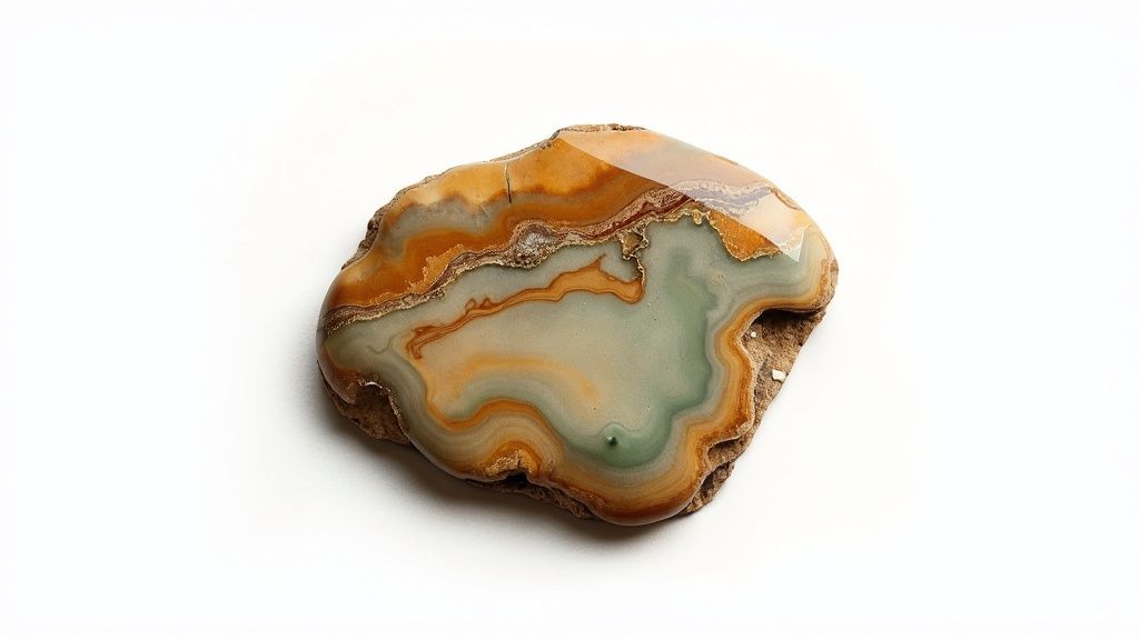 A polished, banded jasper stone featuring swirling patterns of brown, orange, green, and gray.