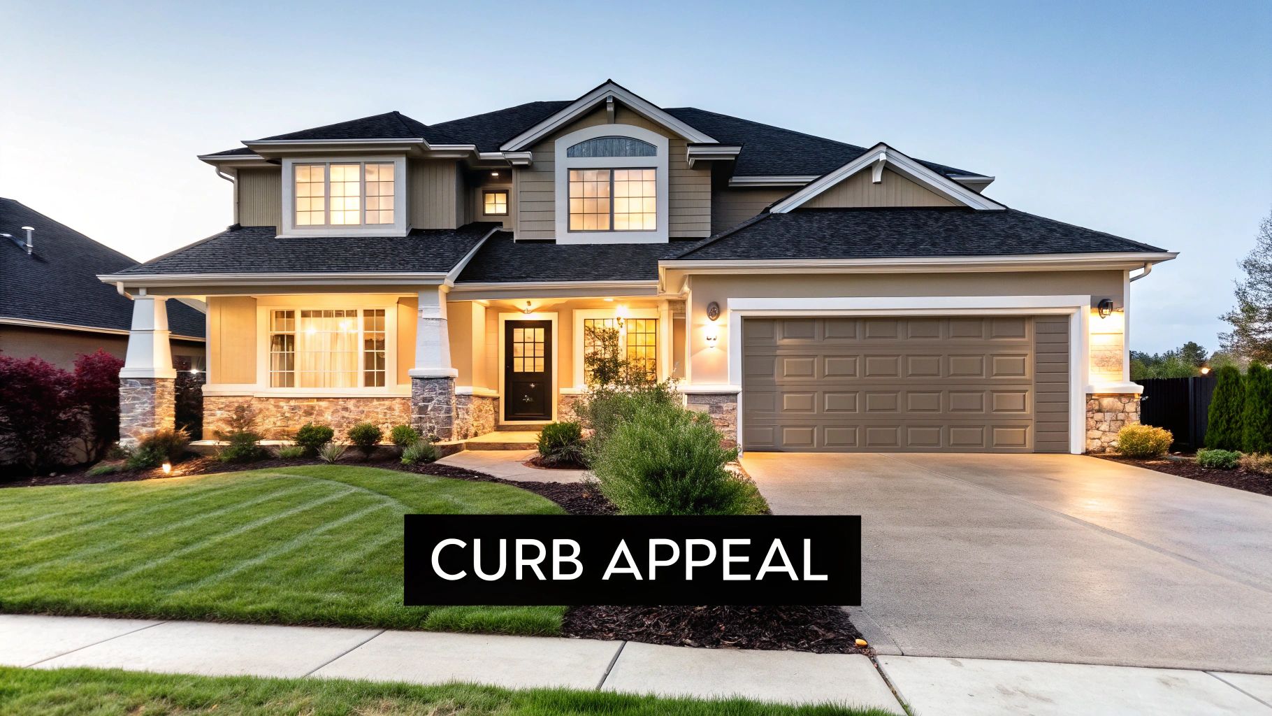 A modern two-story house at dusk with illuminated windows, a manicured lawn, and a long driveway.