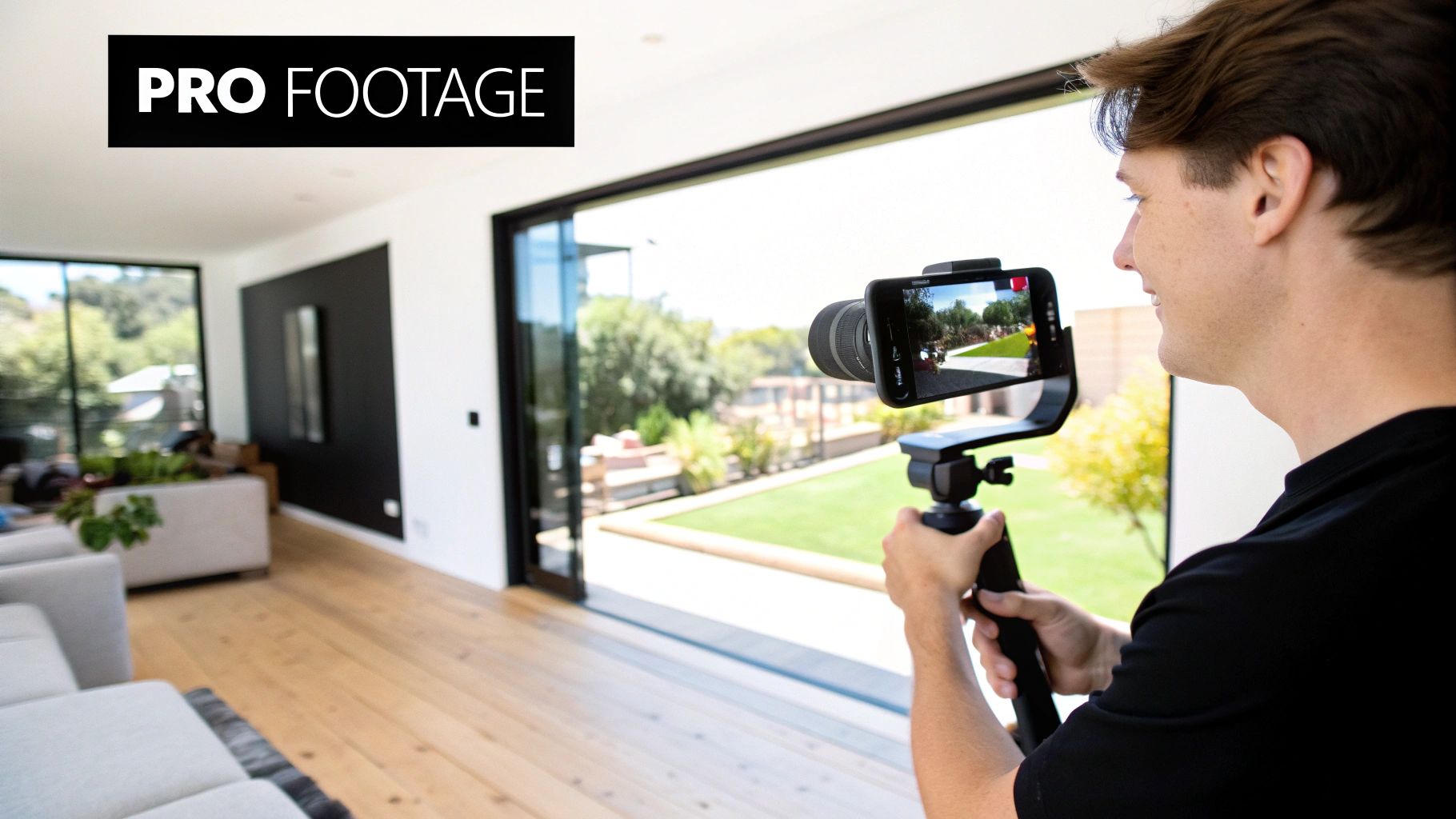 A man films a modern home's interior and green backyard with a smartphone gimbal.