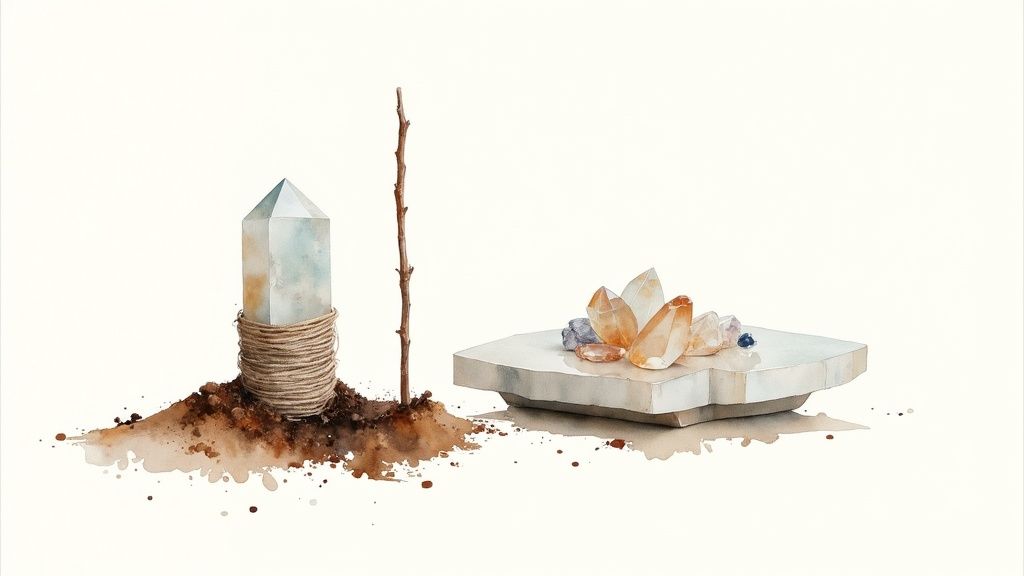 A Selenite charging plate with several smaller crystals arranged on top of it.