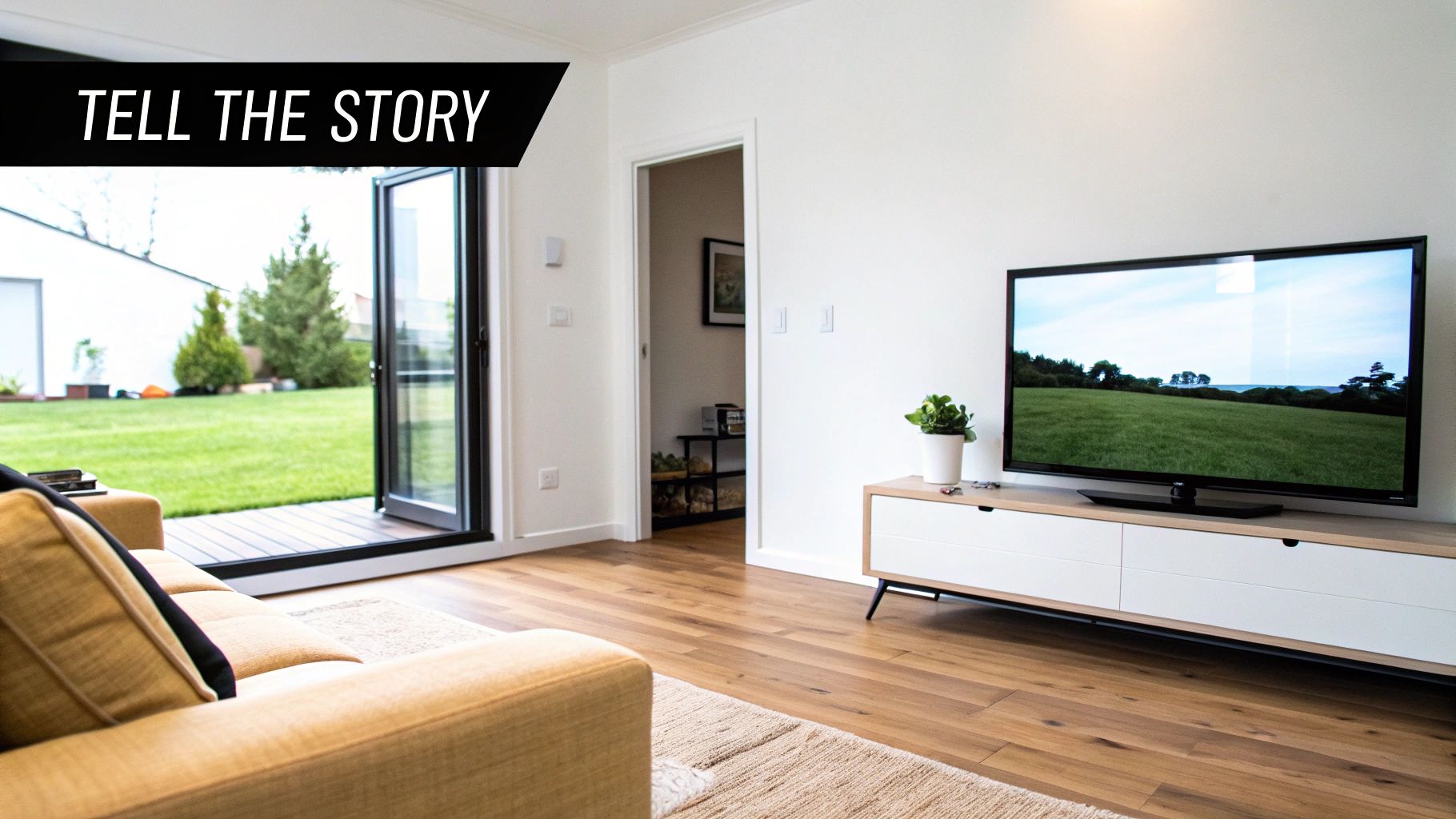 An elegant living room photo with subtle motion graphics indicating pan and zoom effects for a video.