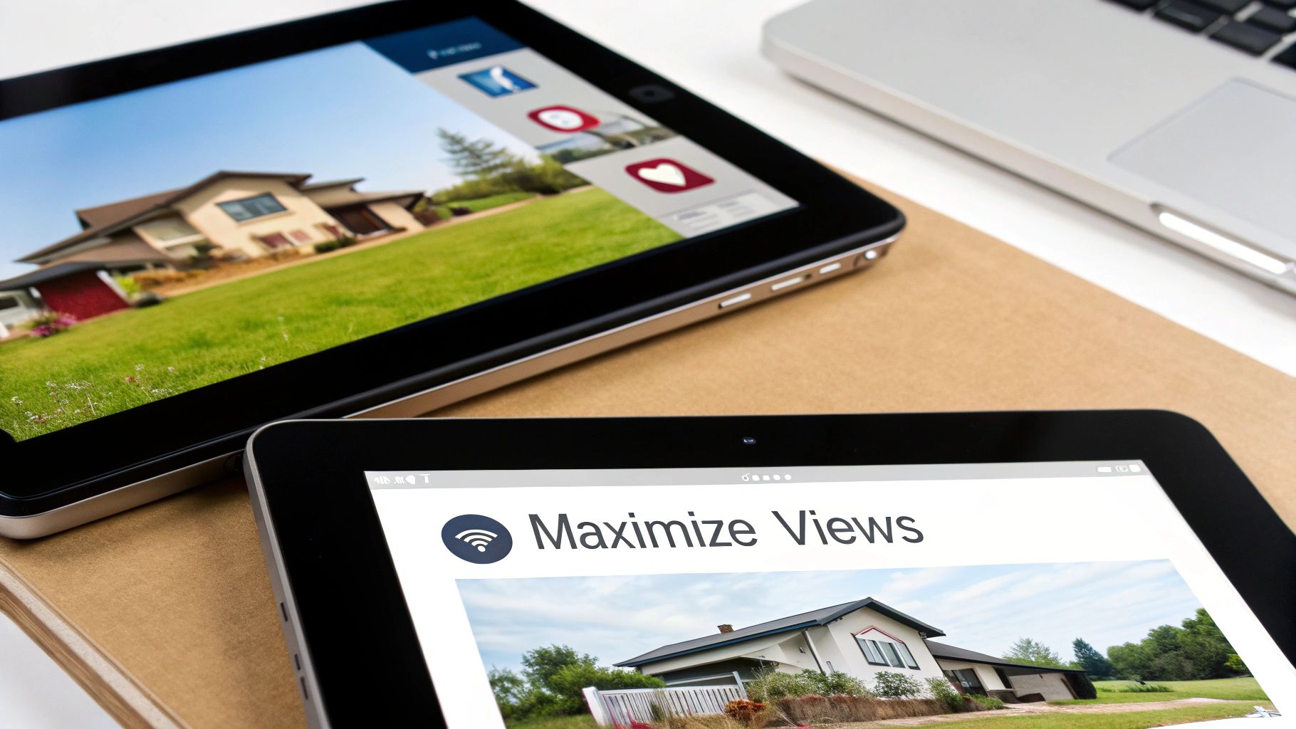 Two digital tablets display different houses on screen, one with 'Maximize Views' for real estate marketing.