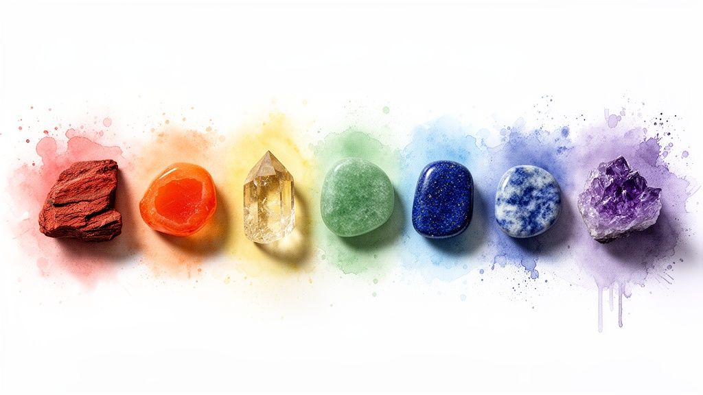 Seven chakra crystals displayed in rainbow order with watercolor paint splashes.