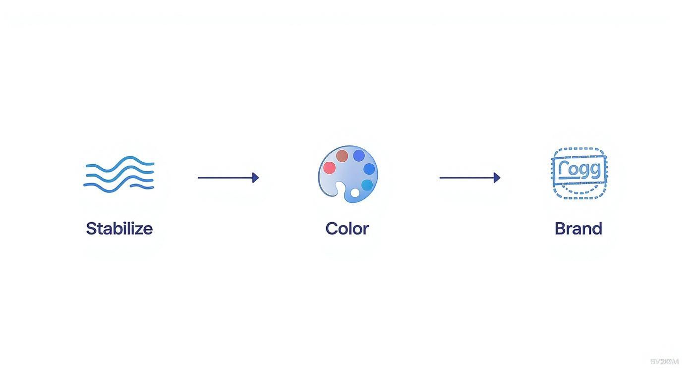 A diagram illustrates a three-step creative process: Stabilize, Color, and Brand, with respective icons.