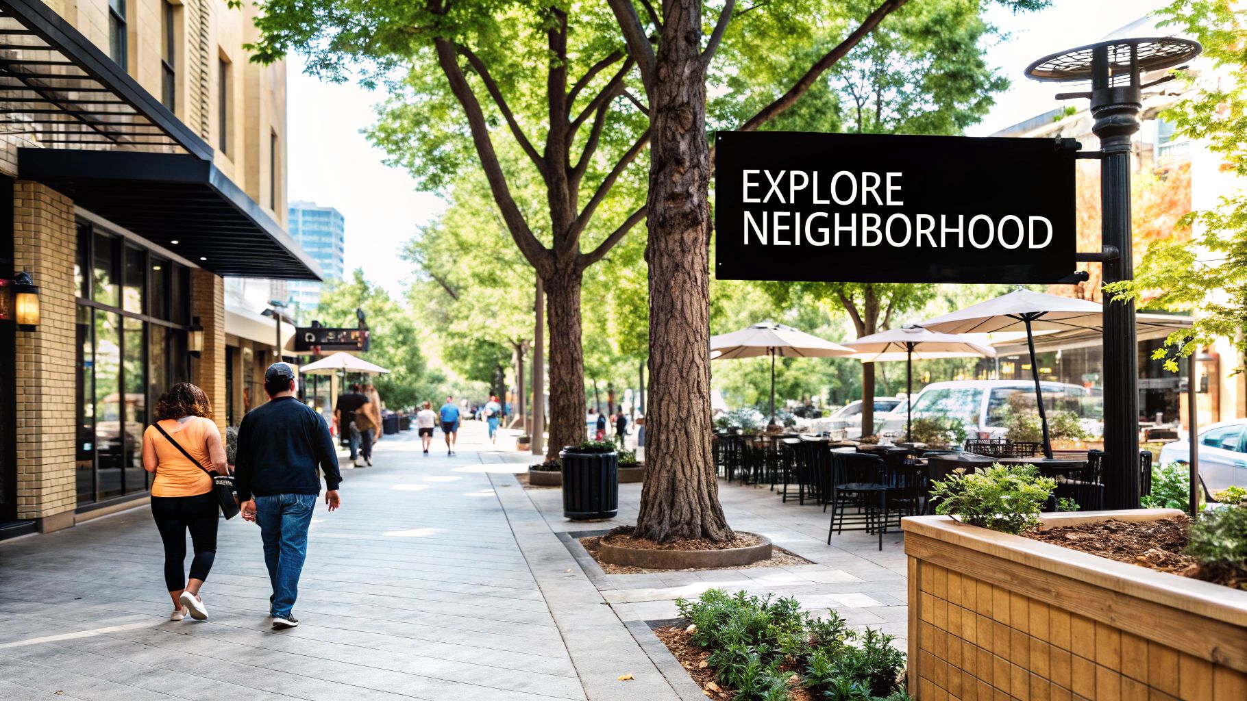 A couple walks along a bustling city street with shops, trees, and outdoor dining.