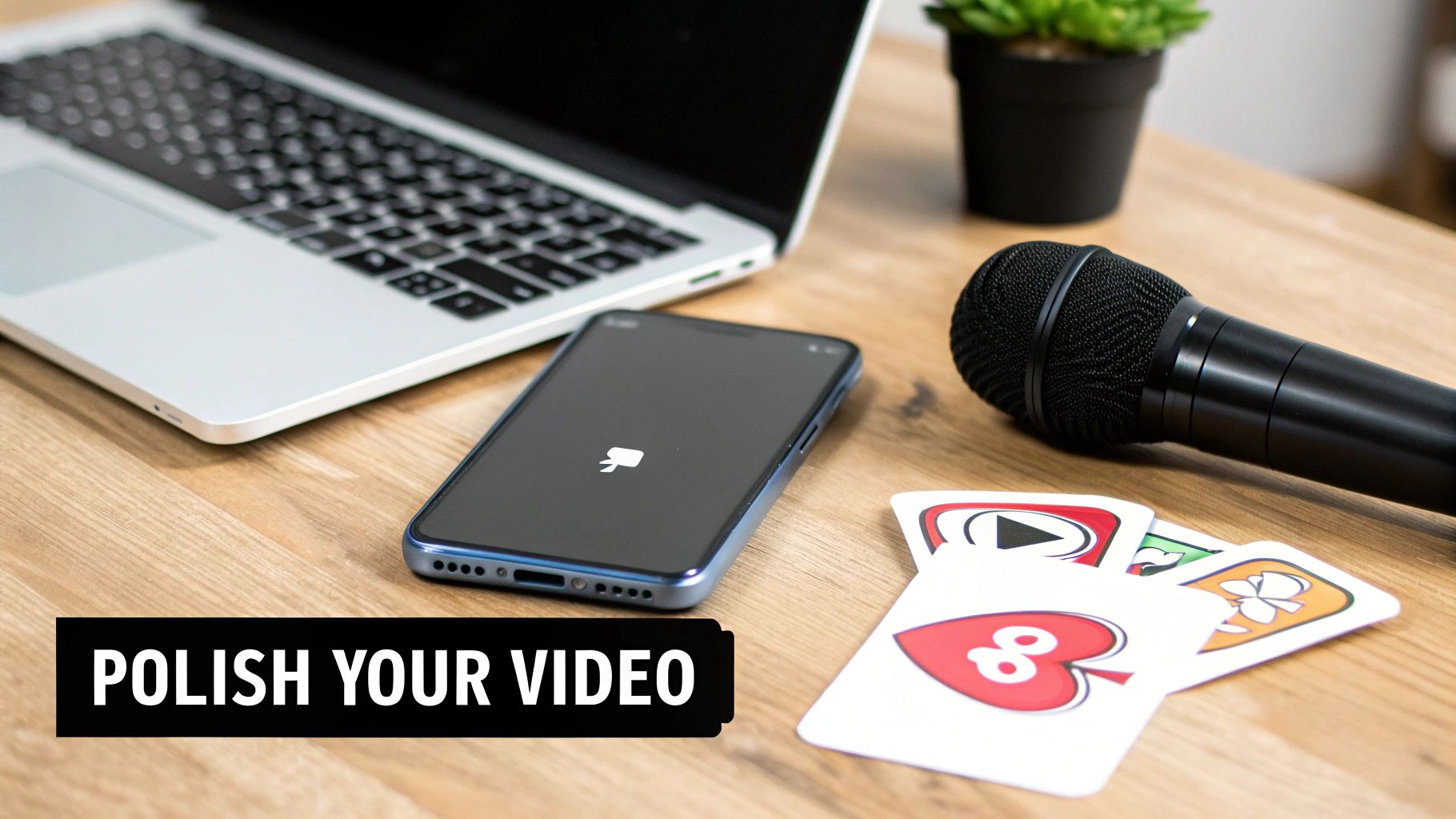 A laptop, smartphone, microphone, and playing cards on a wooden desk, symbolizing video content creation.