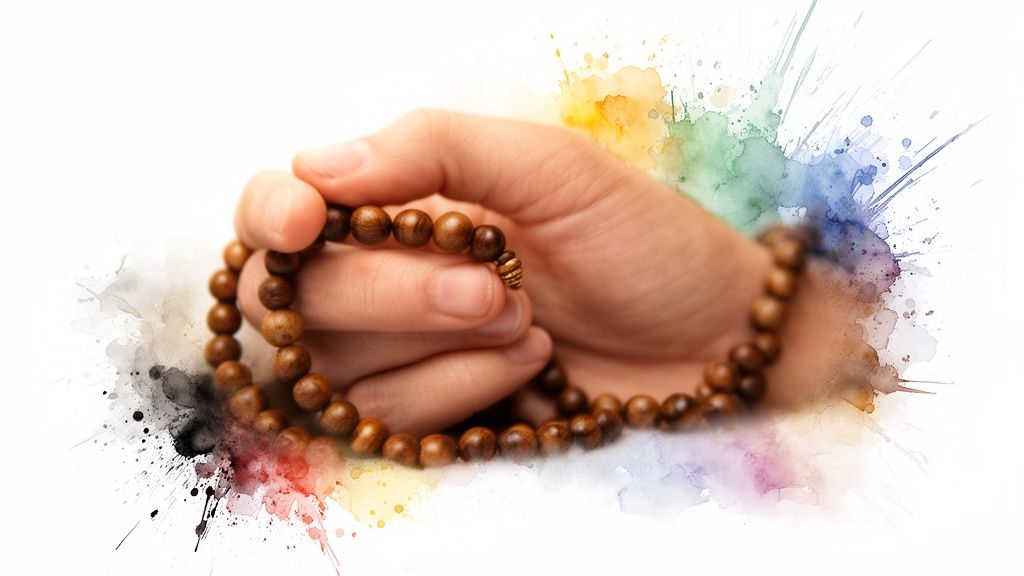 Close-up of hands gently holding and counting wooden mala beads against a white background with colorful watercolor splashes.