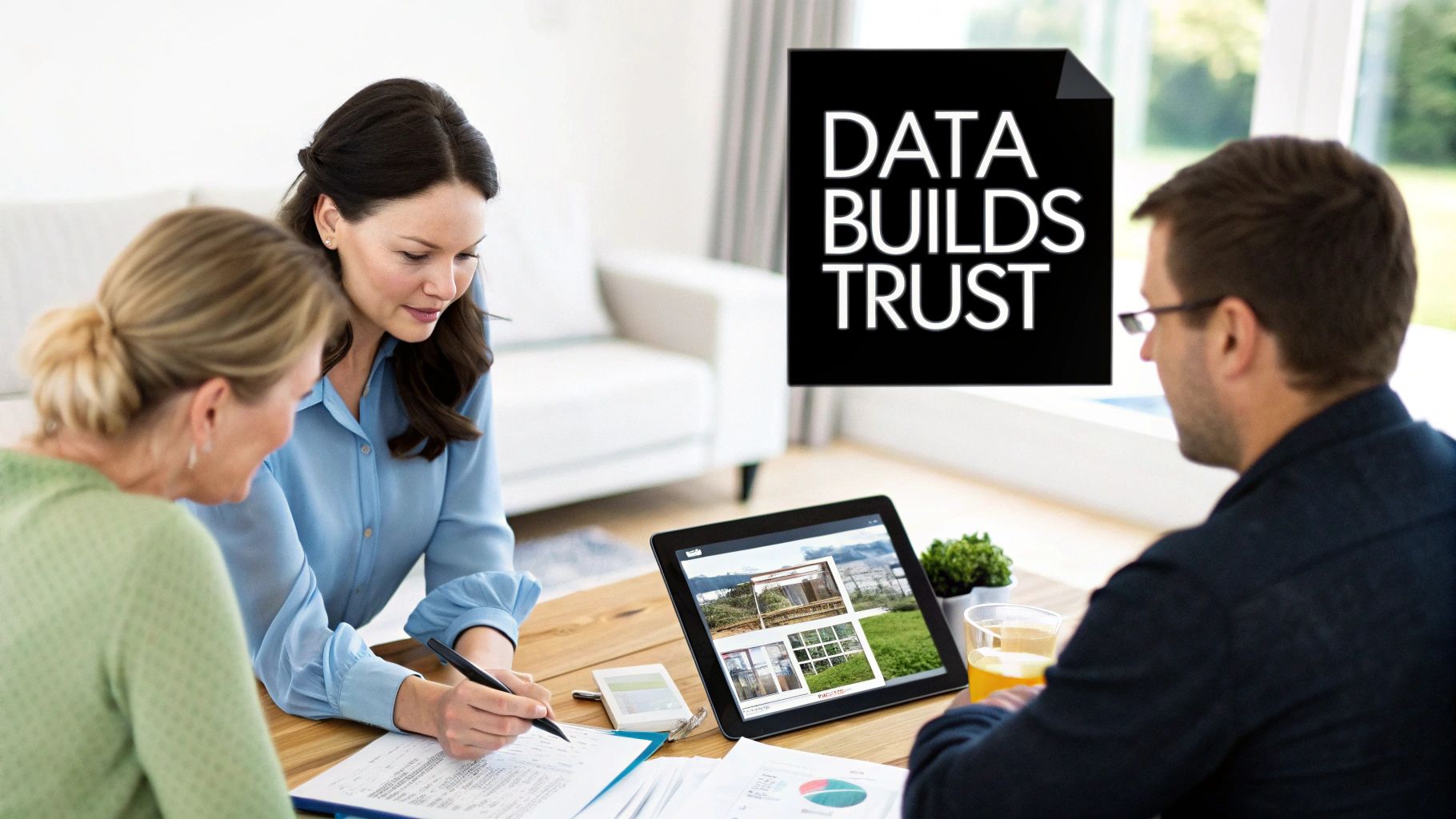 Three people discuss real estate plans, looking at documents and a tablet showcasing properties, with a 'Data Builds Trust' overlay.