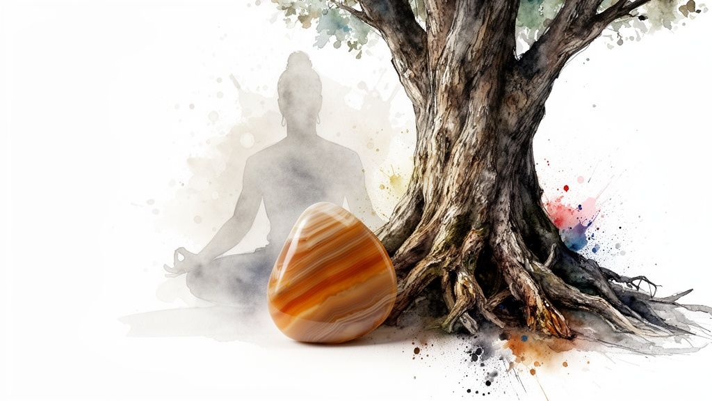 Watercolor image of a meditating silhouette under a tree, with a striped Indian agate stone.
