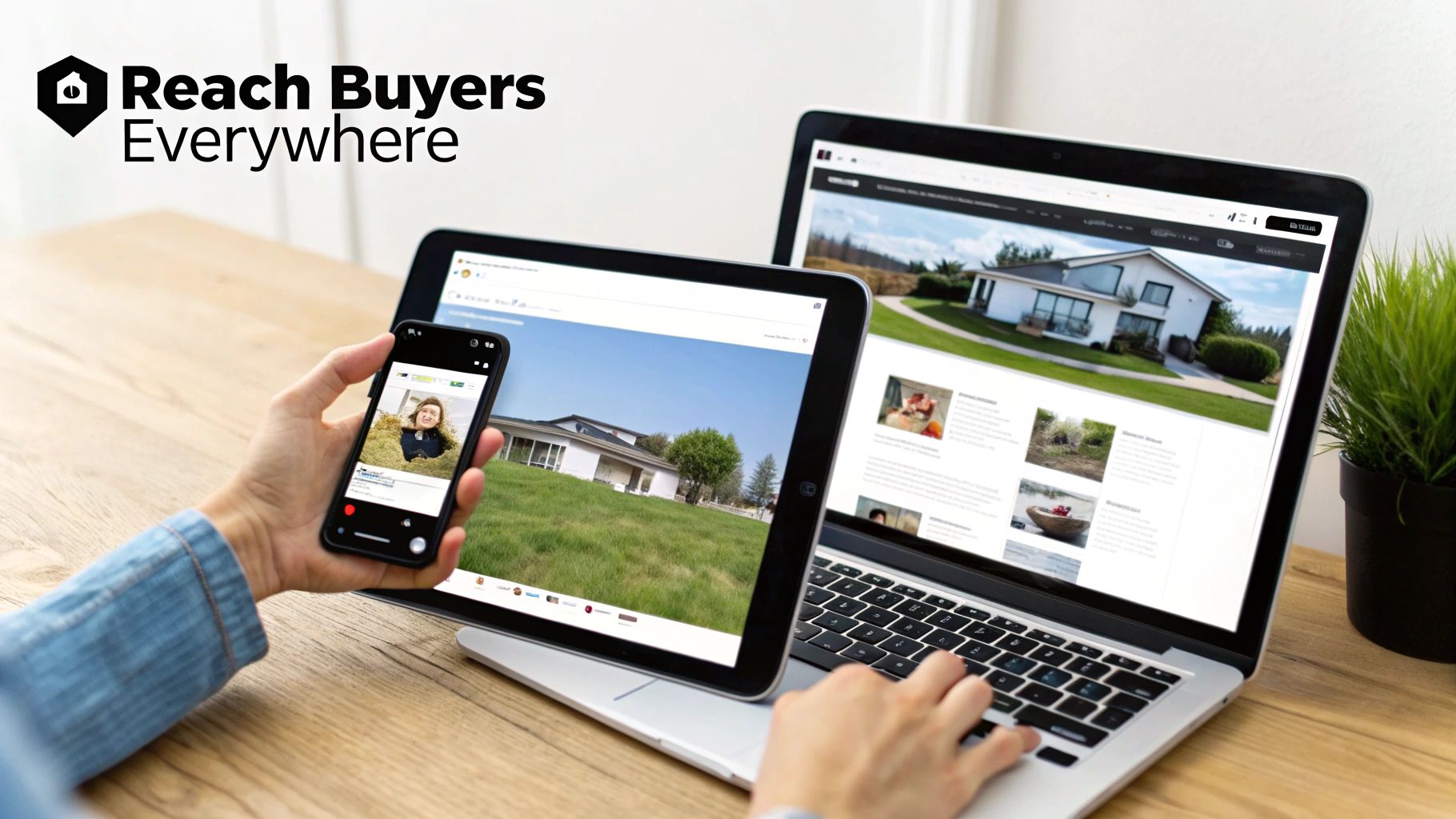 Person uses laptop, tablet, and smartphone to view and market real estate properties online.