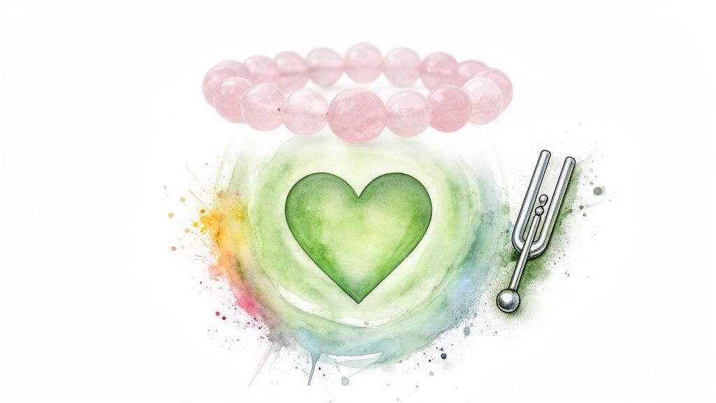 Pink rose quartz bracelet, green watercolor heart, and silver tuning fork with colorful splashes.