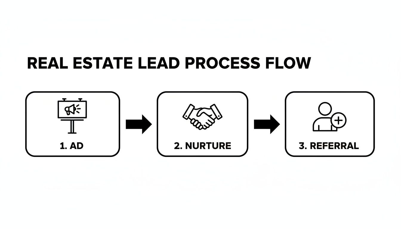 Real estate lead generation process flow diagram detailing steps: Ad, Nurture, and Referral strategy.