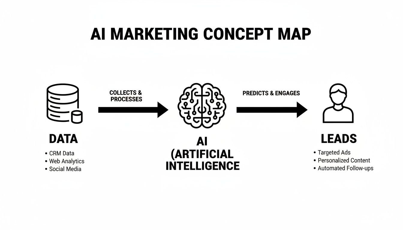AI marketing concept map showing data collected and processed by artificial intelligence to generate leads.