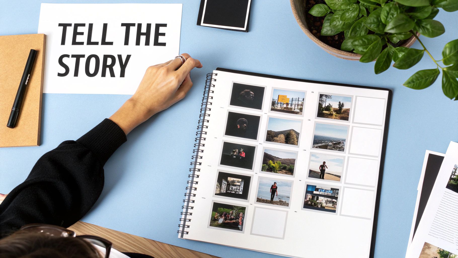 Overhead view of hands arranging photos in an album with a 'Tell the Story' note on a blue desk.
