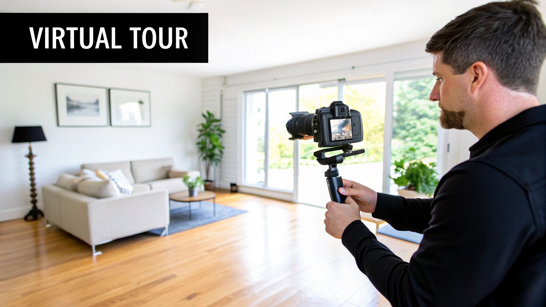 Professional photographer filming virtual tour of modern bright living room for real estate marketing