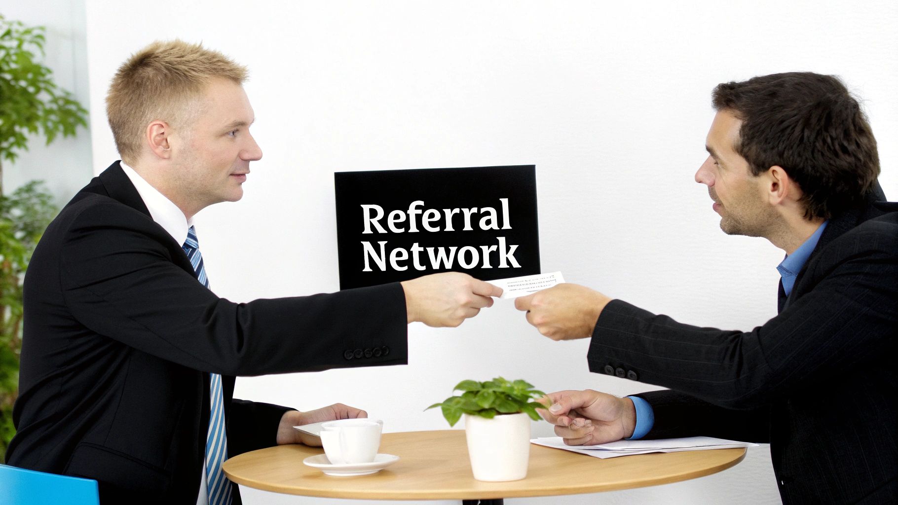 Two business professionals exchanging business card discussing referral network strategies at meeting