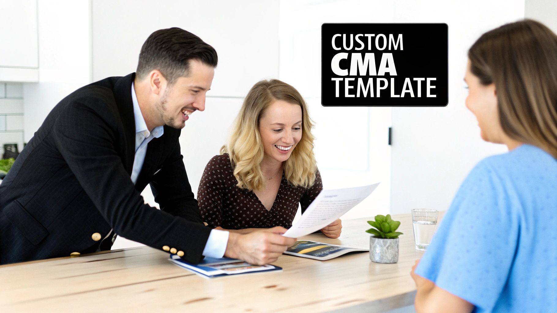 Real estate agents and clients smiling, reviewing a custom CMA template at a modern office.