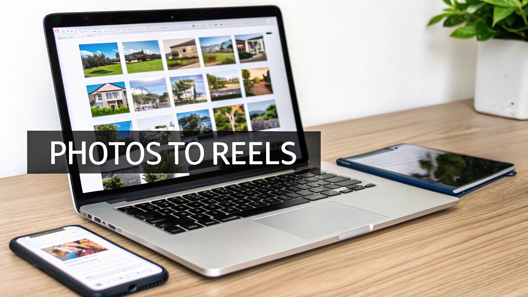 A laptop displays a grid of photos, with a smartphone and tablet on a wooden desk.