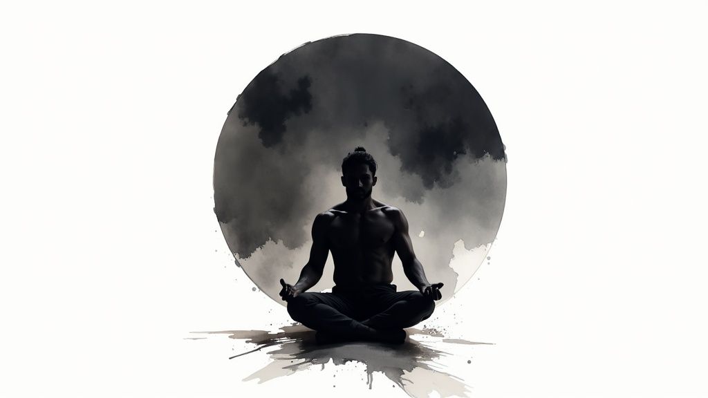 Silhouette of a man meditating in lotus pose against a dark, abstract watercolor circle.