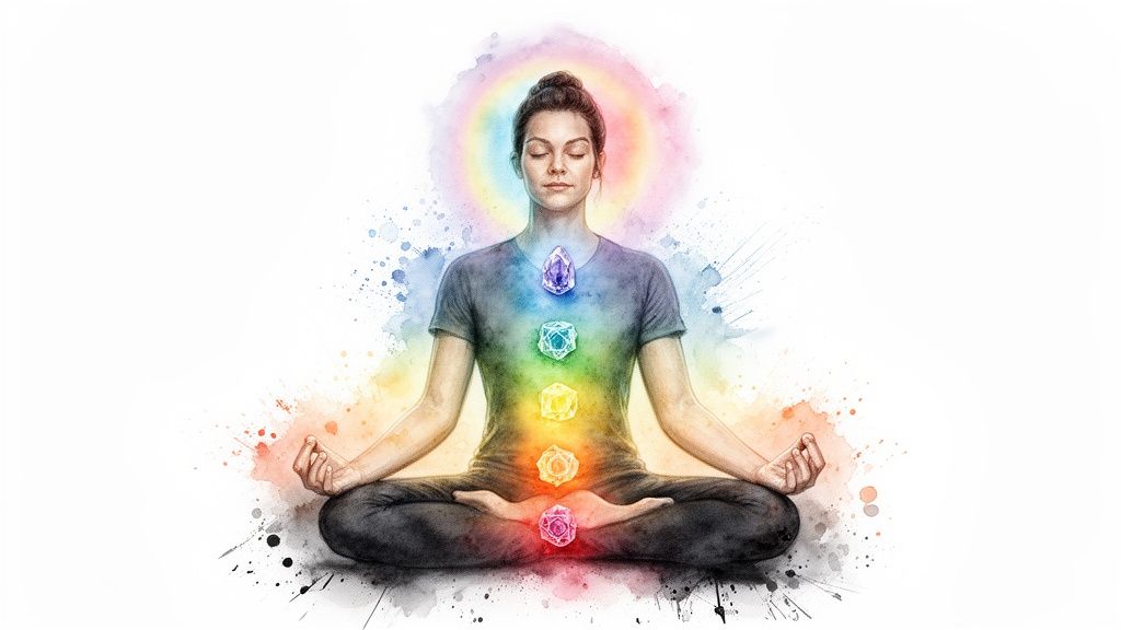 A person meditating in lotus pose, with seven colorful chakra crystals aligned on their body, surrounded by watercolor splashes.
