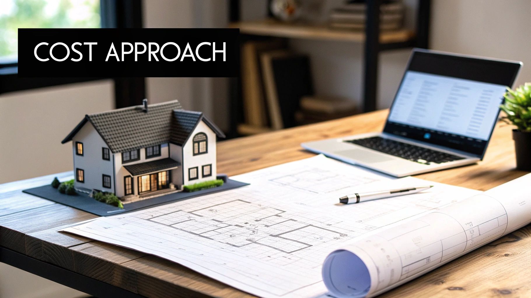 Desk with a house model, blueprints, laptop, and 'COST APPROACH' text, illustrating property valuation.