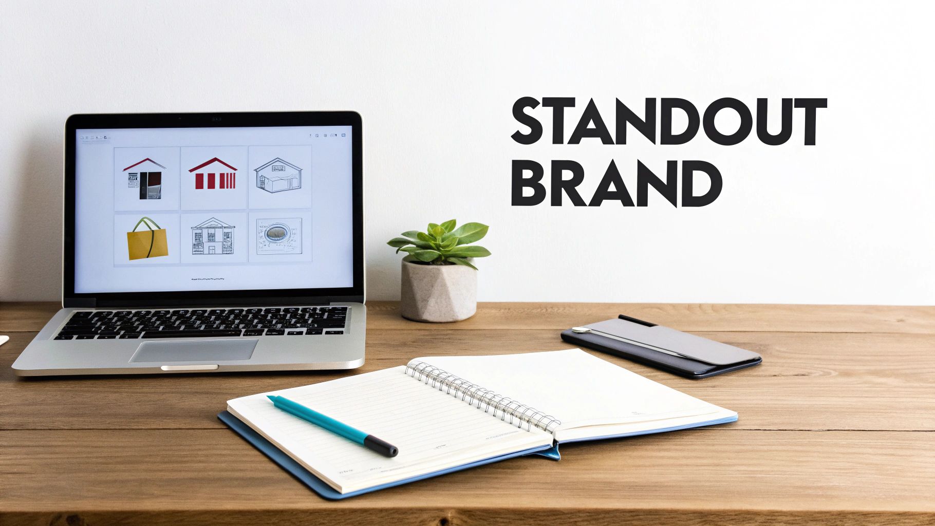 A laptop displaying real estate designs and branding, with a plant, notebook, and phone on a wooden desk.