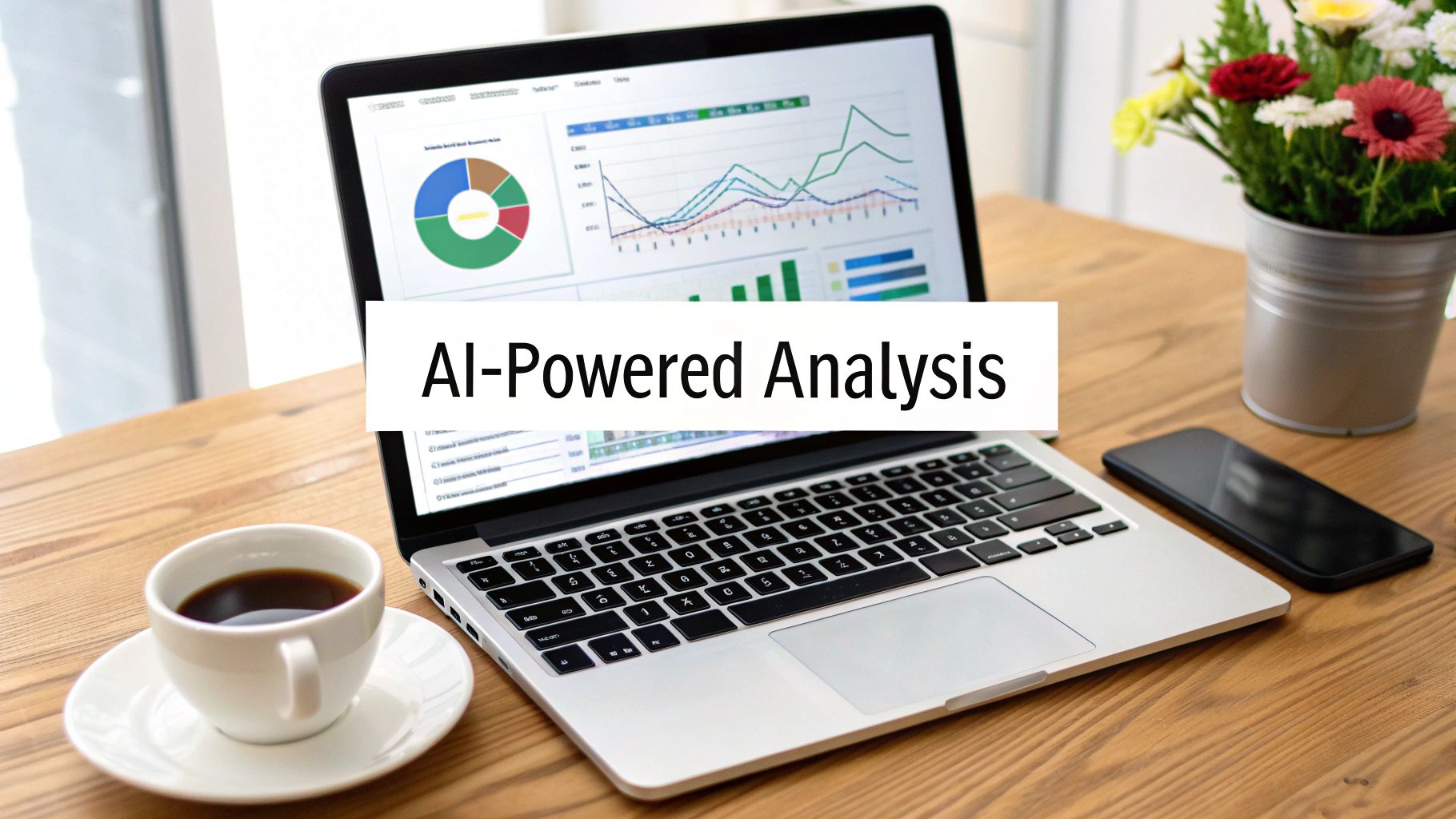 A laptop displaying AI-powered data analysis charts and graphs on a wooden desk with coffee and flowers.