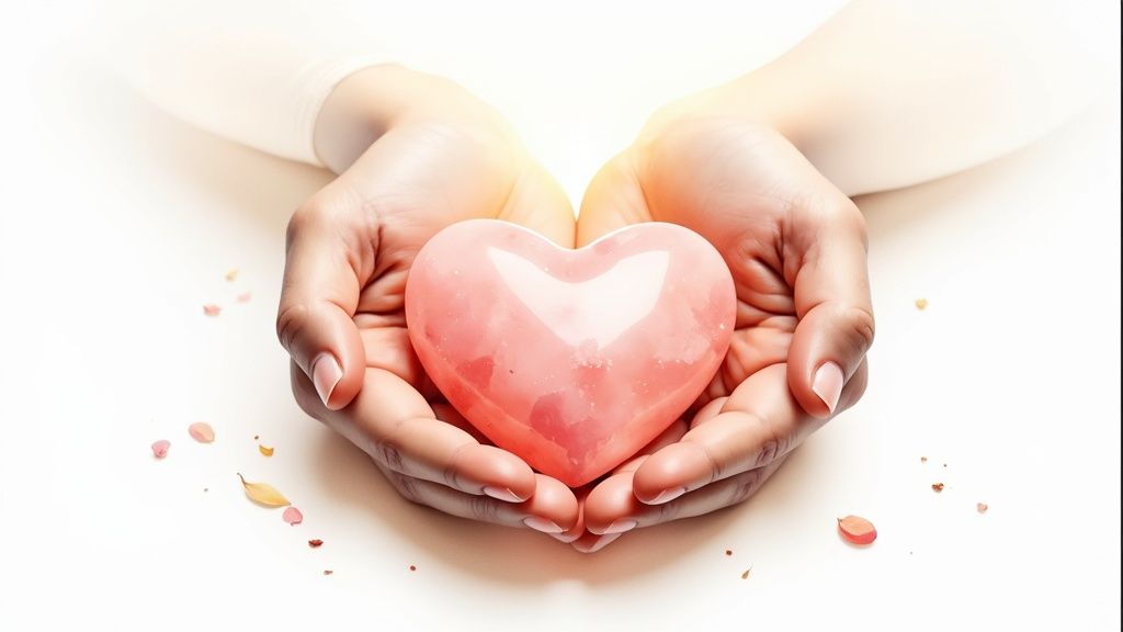 Two cupped hands gently hold a glowing pink heart-shaped crystal, symbolizing love and healing.