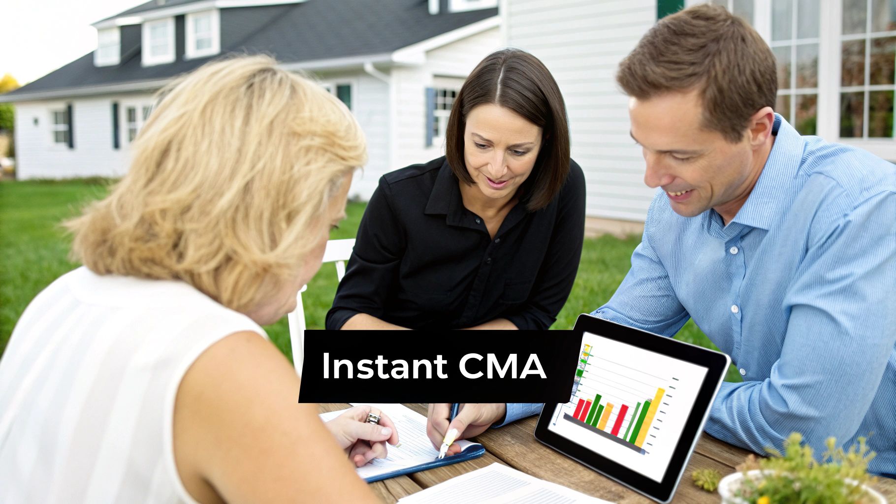 Three people discussing real estate listings outdoors, looking at a tablet displaying market data.