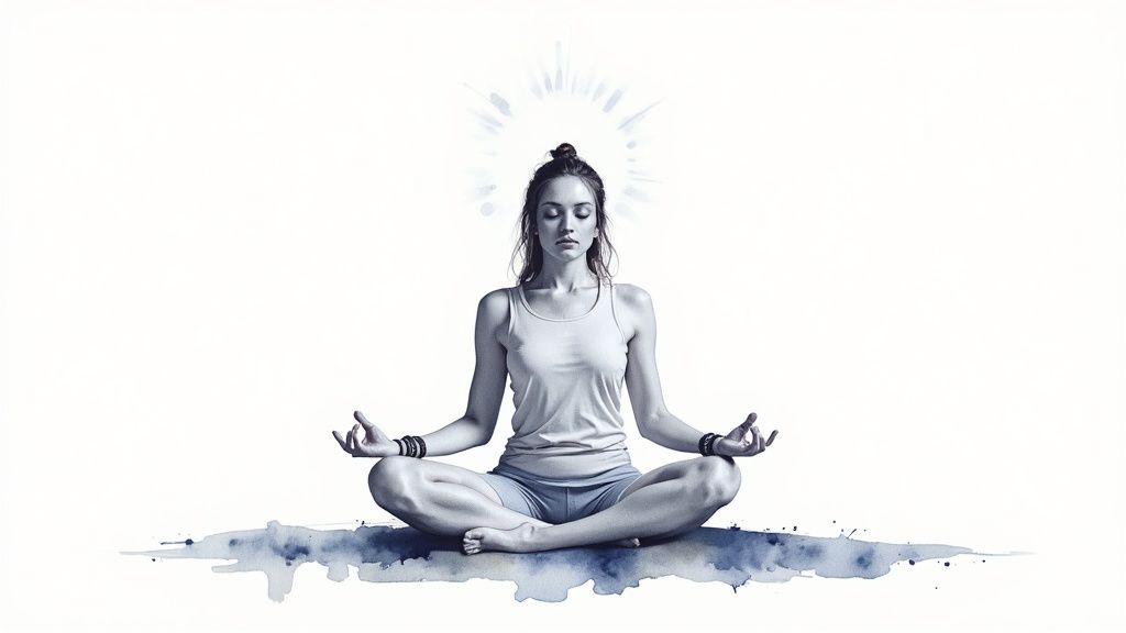 A woman in a serene meditation pose with a bright halo and artistic watercolor base.