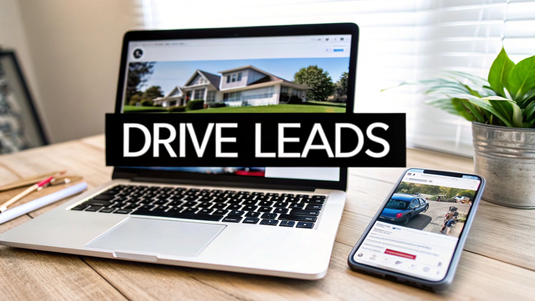 Laptop and smartphone on a desk, with 'DRIVE LEADS' text promoting lead generation in digital marketing.