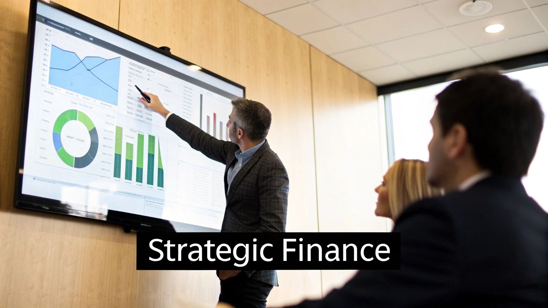 A professional analyzing financial data on a tablet in a modern office setting