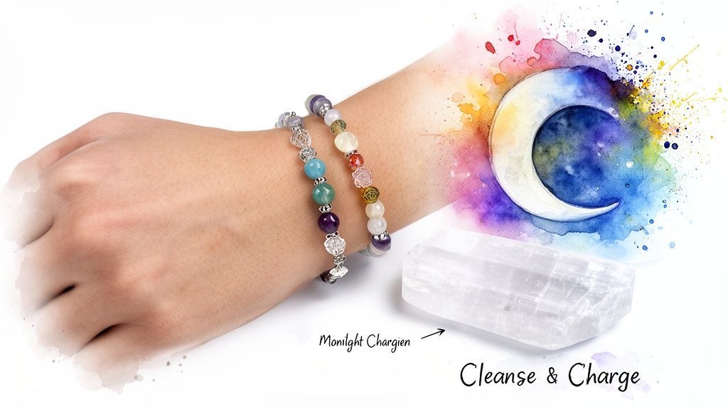 A hand wears two colorful chakra bracelets, next to a selenite crystal and a vibrant watercolor moon illustration.