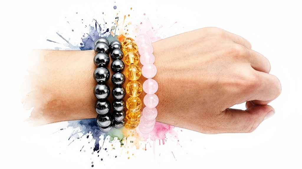 Three vibrant beaded gemstone bracelets, dark grey, golden, and pink, adorning a wrist with colorful watercolor accents.