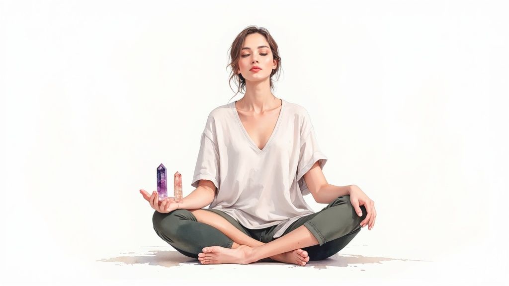 Woman meditating in lotus position holding colorful healing crystals for anxiety relief and relaxation