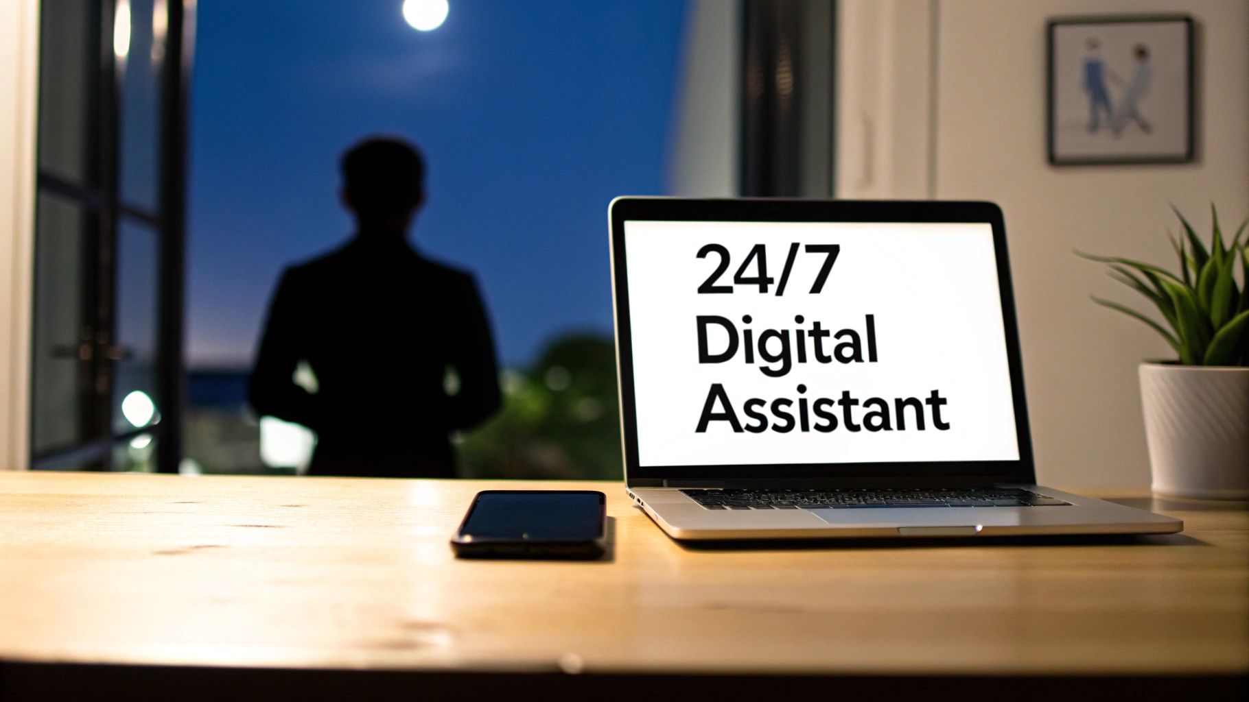 Laptop displaying '24/7 Digital Assistant' alongside a phone and plant on a desk at night.